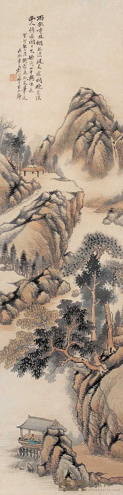 顾颐 1903年作 重林烟树图 立轴 120.5×30cm